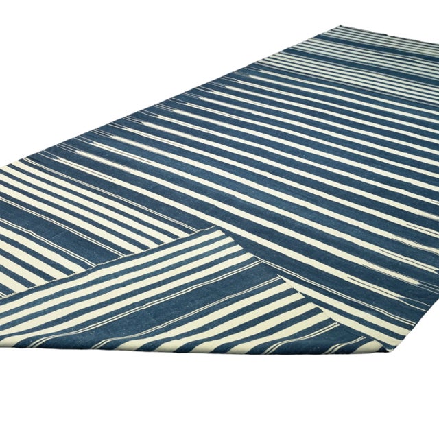 1950s Vintage Dhurrie Rug With White and Blue Stripes, From Rug & Kilim For Sale - Image 5 of 5