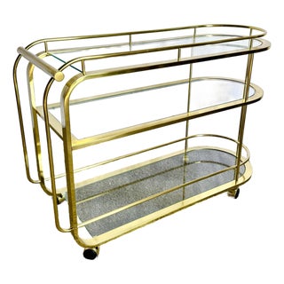 Hollywood Regency Gold 3 Tier Bar Cart on Casters For Sale