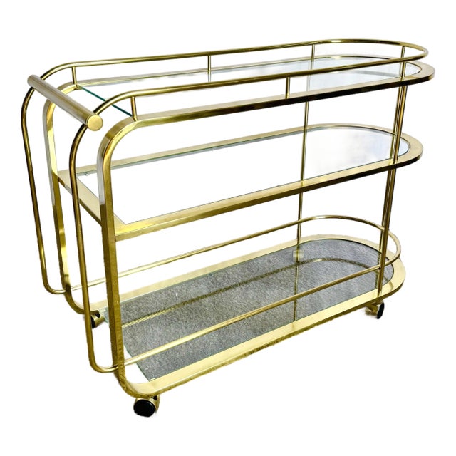Hollywood Regency Gold 3 Tier Bar Cart on Casters For Sale