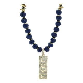 Forever Loved Gold Pendant Blue Beaded Necklace For Sale