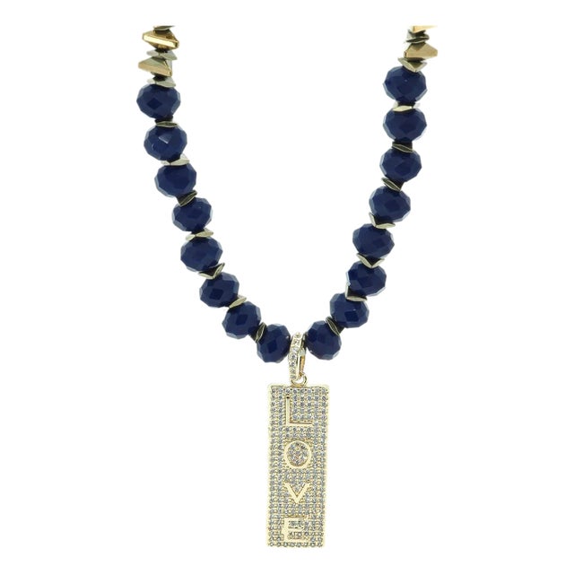 Forever Loved Gold Pendant Blue Beaded Necklace For Sale