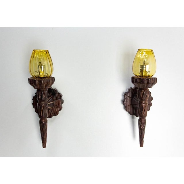 Colored Glass and Pine Sconces, France, 1940, Set of 2 For Sale - Image 3 of 10