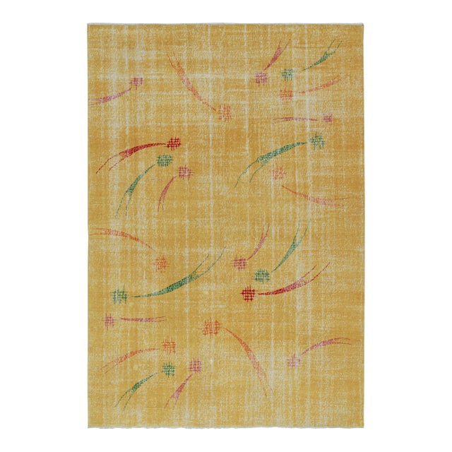 1960s Vintage Zeki Müren Rug With Mustard Field and Geometric Patterns by Rug & Kilim For Sale