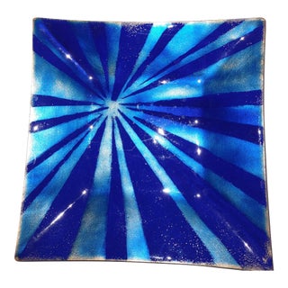 Brilliant Blues -- 20th Century MCM Copper Enamel Geometric Dish / Catchall Signed "Stone" For Sale