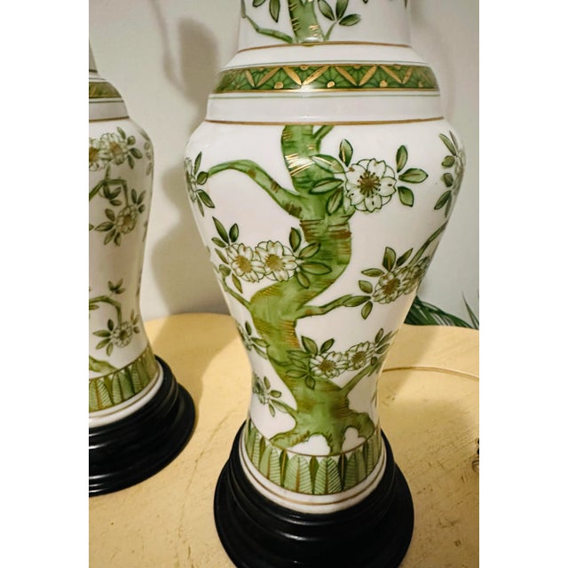Mid 20th Century Vintage Chinese Chinoiserie Porcelain Green Lamps - A Pair For Sale - Image 5 of 9