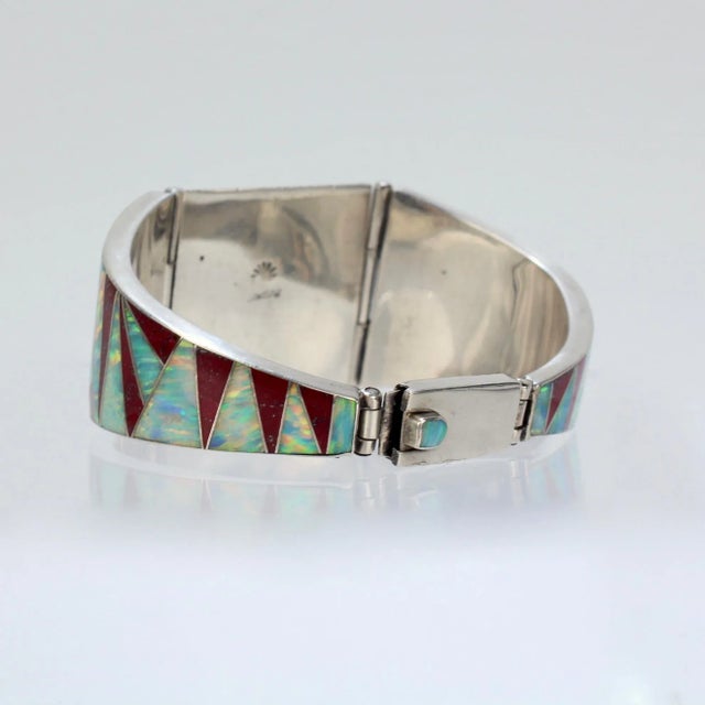 Vintage Signed Old Pawn Zuni Sterling Silver, Opal, & Red Jasper Bracelet For Sale - Image 11 of 12