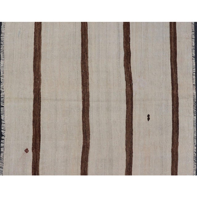 Vintage Turkish Kilim Rug Ivory Field With Brown Vertical Stripes Wool For Sale - Image 4 of 11