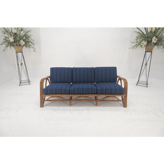 1970s Striped Blue Upholstery Bamboo Frame Mid Century Modern Sofa MINT! For Sale - Image 11 of 17