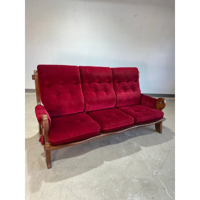 Vintage Brutalist Oak 3 Seat Sofa c.1970’s, likely French, maker unknown. Solid oak frames with cutout detail on arms and...