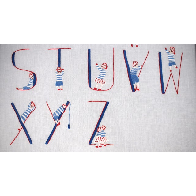 Traditional Mid 20th Century Hand-Stitched/ Embroidered Red/ White & Blue Alphabet Linen Children's Sampler For Sale - Image 3 of 5