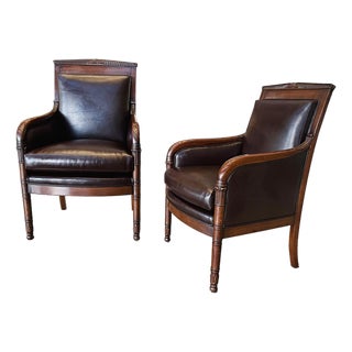 French Empire Armchairs in Brown Vegan Leather & Silk Velvet - A Pair For Sale