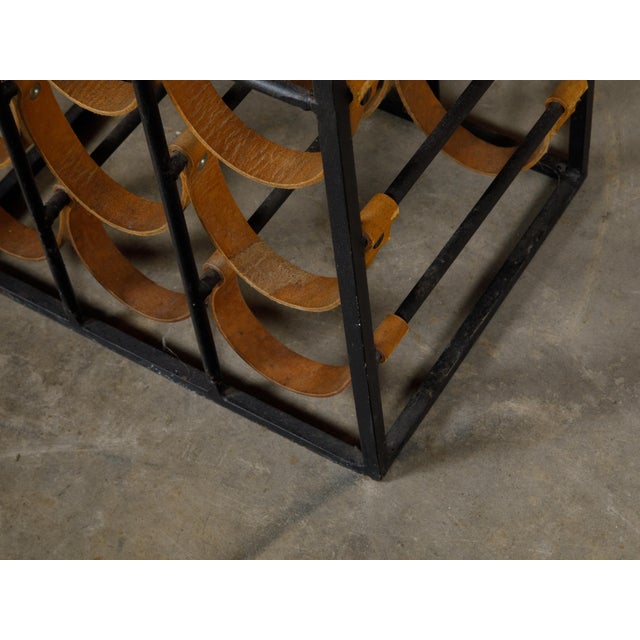 Brown Mid 20th Century Mid Century Modern Tall and Narrow Iron Wine Rack with Leather Straps For Sale - Image 8 of 11