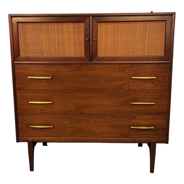 Mid 20th Century Walnut and Cane Highboy Dresser by Ramseur Furniture For Sale