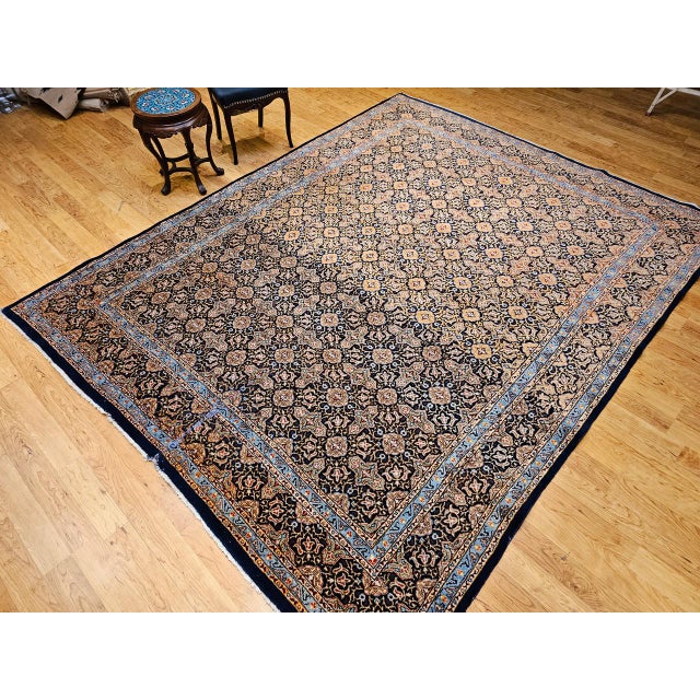 Vintage Persian Tabriz Rug, Hand-Knotted Wool, Allover Geometric Pattern, Navy & Tan, 9x11 For Sale - Image 4 of 15