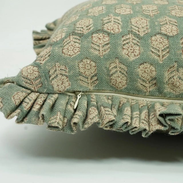 Fabdivine Handcrafted Block Print Frill Cushion Cover Green 26x26 Inch Thick Linen- Tulsi Buti For Sale - Image 4 of 5