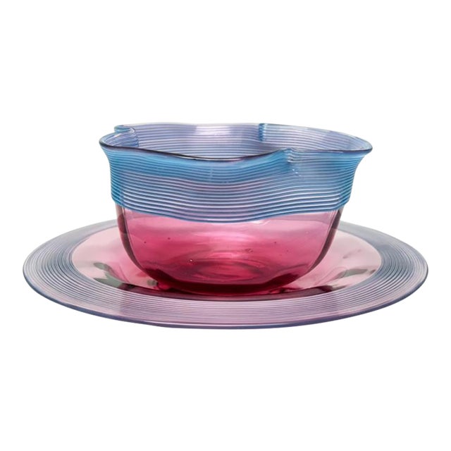 Early 20th Century Set of 2, Venetian-Style Art Glass Finger Bowl and Matching Underplate For Sale