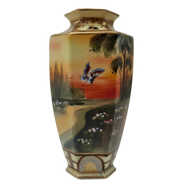 Pair Antique Nippon Imperial Mark Hand Painted Landscape Vases Moriage Gilt Porcelain 9.5” For Sale In San Francisco - Image 6 of 18