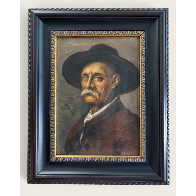 Original Antique European Moody Oil Portrait Painting of Gentleman in Hat Circa 1937 For Sale - Image 12 of 12