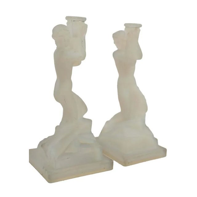 Pair of Lalique Style Art Deco Opalescent Glass Nude Female Candle Holders On A Square Plinth Base, Unsigned Provenance :...