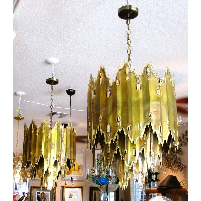 Mid-Century Modern 1970s Mid Century Modern Tom Greene Torch Cut Brass Brutalist Chandeliers - a Pair For Sale - Image 3 of 18