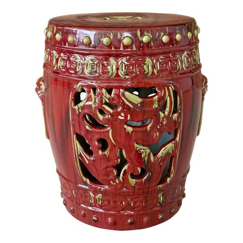 Vintage Oxblood Red Chinese Ceramic Glazed Garden Stool With