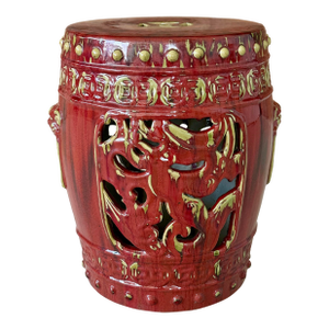 Vintage Oxblood Red Chinese Ceramic Glazed Garden Stool With Pierced Detailing