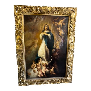 Late 19th Century Large Italian Gilt Framed Religious Oil Painting – Immaculate Conception After Murillo – Florence, Italy For Sale