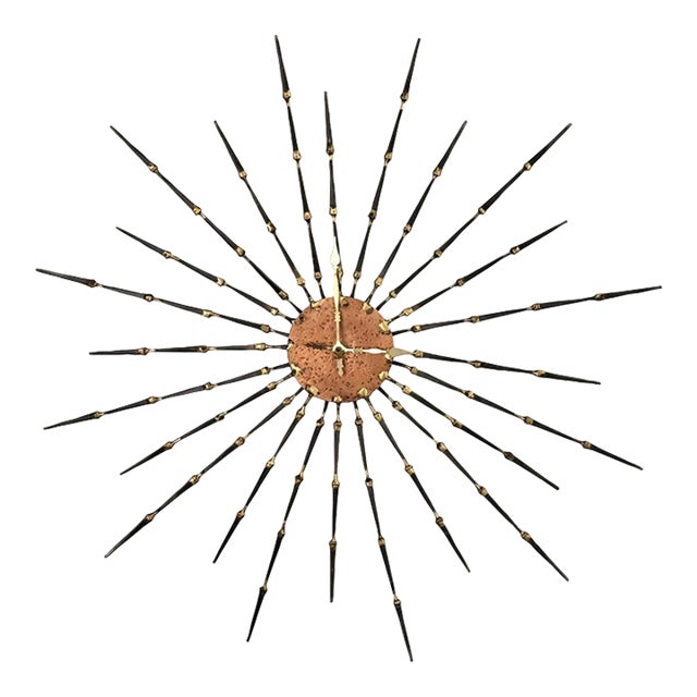 Vintage Brutalist Copper & Brass Spike Nail Sunburst Wall Clock - 24" For Sale