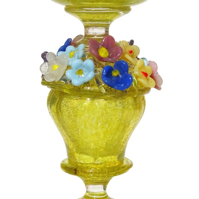 Murano Antique Venetian Murano Yellow Spots Basket of Flower Gold Fleck Italian Footed Drinking Glass Chalice For Sale - Image 4 of 7