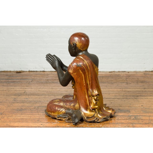 Mid 19th Century Thai Kneeling Ceremonial Temple Monk Lacquered and Gilt Sculpture For Sale - Image 9 of 13