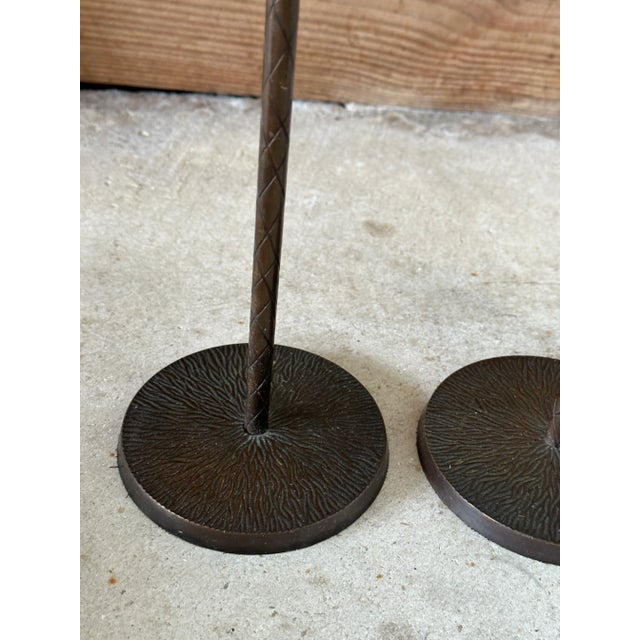 Pair of Tropical Coastal Palm Tree Metal Candlesticks With Verdigris Green Fronds For Sale In Naples, FL - Image 6 of 12