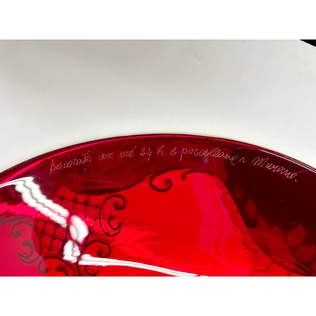 Glass Murano Italy Hand Formed Painted Floral and Gold Plate / Bowl / Art Glass - Signed For Sale - Image 7 of 13