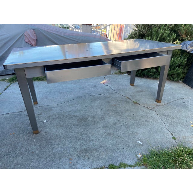 1940s Attributed to General Fireproofing Company Tanker Desk Refinished in Brushed Steel For Sale - Image 9 of 12