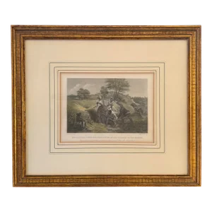 Antique Hand-Tinted Engraving – 'Mrs. Schuyler Firing Her Corn Fields' in Ornate Gold Frame