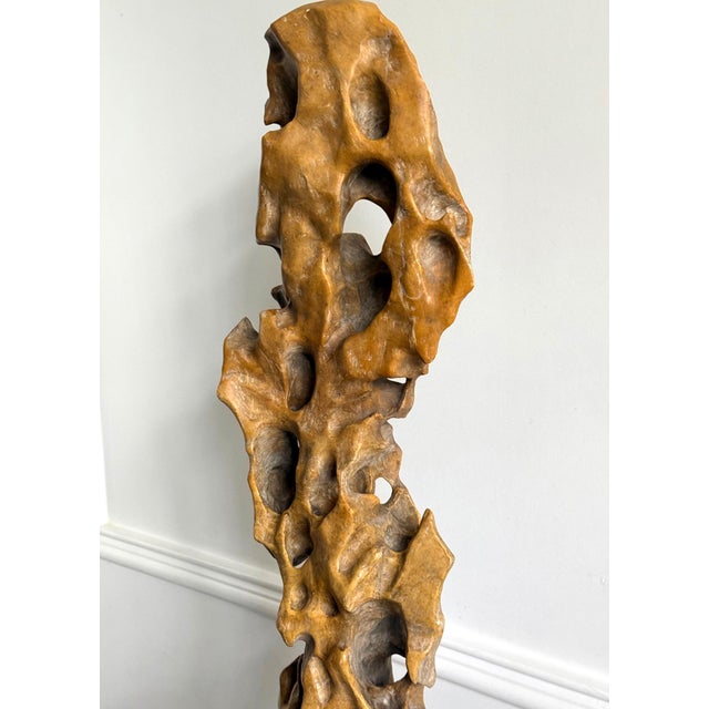 Tall Elegant Chinese Scholar Rock Yellow Taihu Stone on Wood Stand For Sale - Image 18 of 18