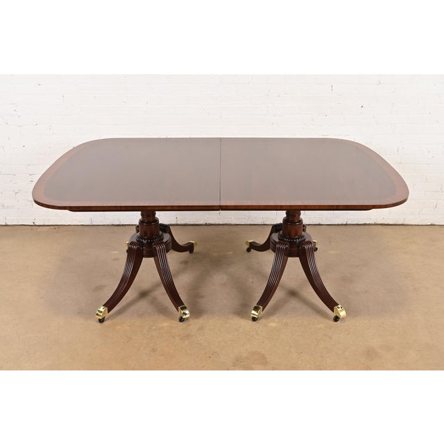 Wood Baker Furniture Georgian Banded Mahogany Double Pedestal Extension Dining Table, Newly Refinished For Sale - Image 7 of 13