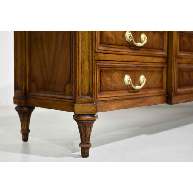 Mid Century French Regency Burled Walnut 9-Drawer Dresser With Brass Hardware by Karges Indiana For Sale - Image 9 of 14