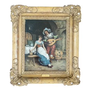 19th Century Continental European Dutch Style Interior Tavern Genre Scene Painting, Signed