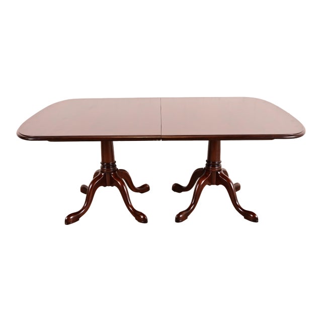 Stickley Regency Cherry Wood Double Pedestal Extension Dining Table, Newly Refinished For Sale
