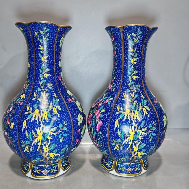 Late 20th Century Pair of Chinese Deep Blue Famille Rose Plum Blossom Floral Vases, Chinoiserie Decor Vessels For Sale - Image 5 of 9
