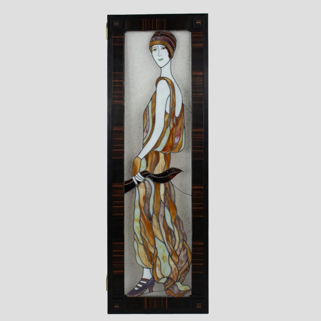 Glass Art Deco Four Panel Stained Glass Screen Divider With Macassar Trim Featuring Iconic Flappers For Sale - Image 7 of 12