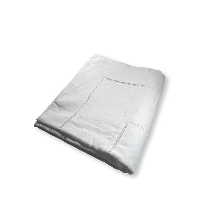 French Antique French Trousseau Linen Sheet Embroidered Dots Ladder Work White Linen Bed Sheet Circa 1920 the Paris Apartment For Sale - Image 3 of 11