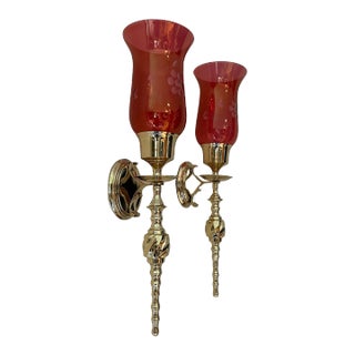 Pair of Mid 20th Century Brass Wall Candle Sconce Cranberry Red Glass Hurricanes For Sale