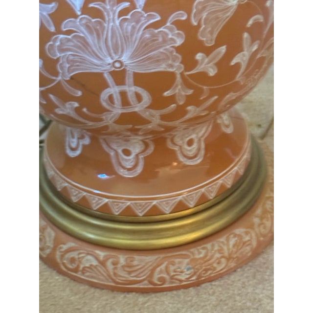 1960s Hollywood Regency Ceramic Lamp, Pale Orange With White Chinoiserie Decoration. Terra Cotta Base. Original Lampshade With Greek Key Tape Trim For Sale - Image 9 of 9