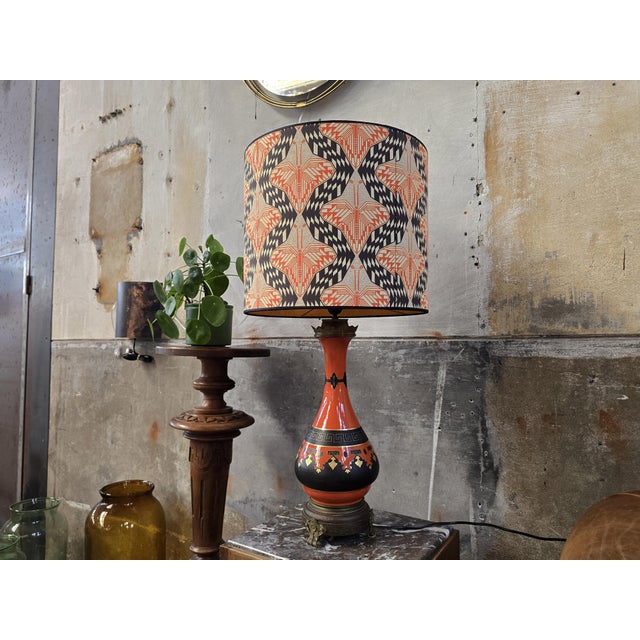 Large Antique Porcelain Lamp in Orange with Art Deco Shade For Sale - Image 5 of 14