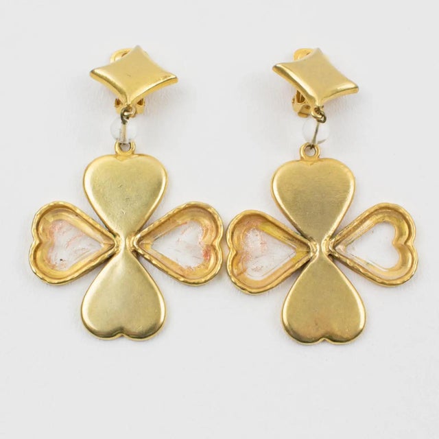Kenzo Kenzo Gilded Metal and Acrylic Four-Leaf Clover Dangle Clip-on Earrings For Sale - Image 4 of 9