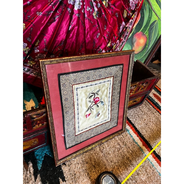 Hand Embroidered Vintage Asian Style Silk Artwork, Framed For Sale - Image 4 of 8