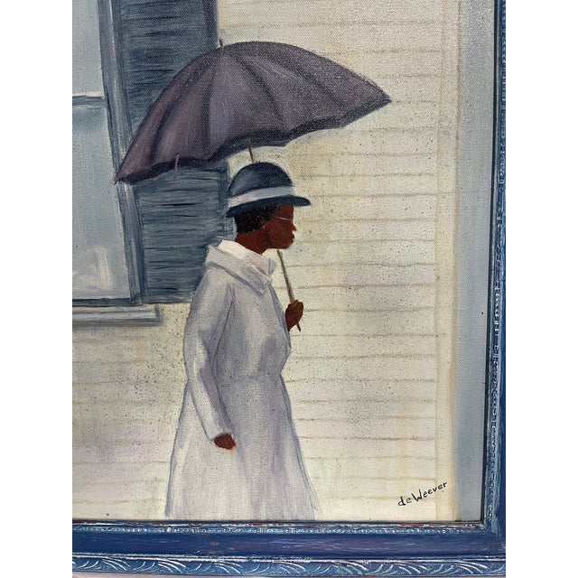 Vintage Naïve Figurative Painting of Woman With Umbrella For Sale - Image 4 of 11