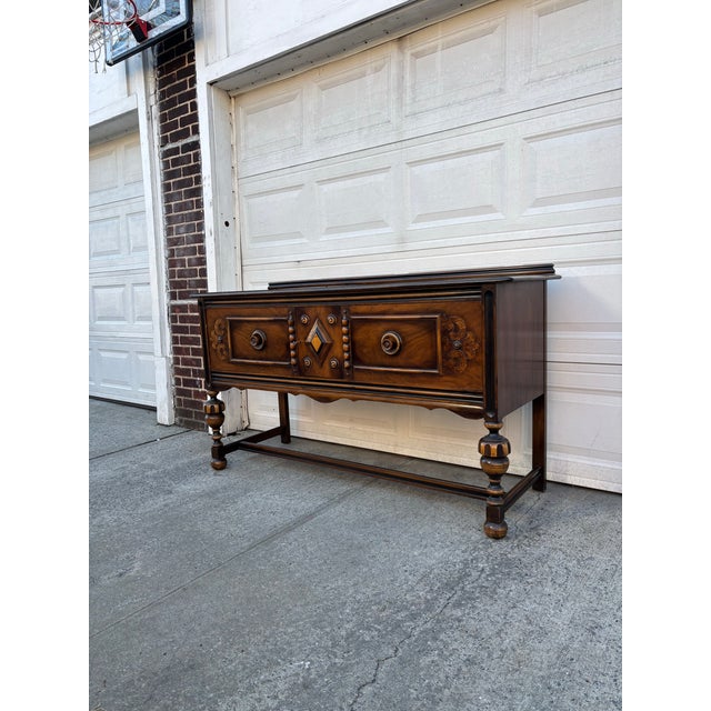 Jacobean Antique Jacobean Revival Sideboard | Walnut Tudor Style Buffet | Carved Wood Credenza | Vintage English Manor Cabinet | Antique Dining Room For Sale - Image 3 of 12