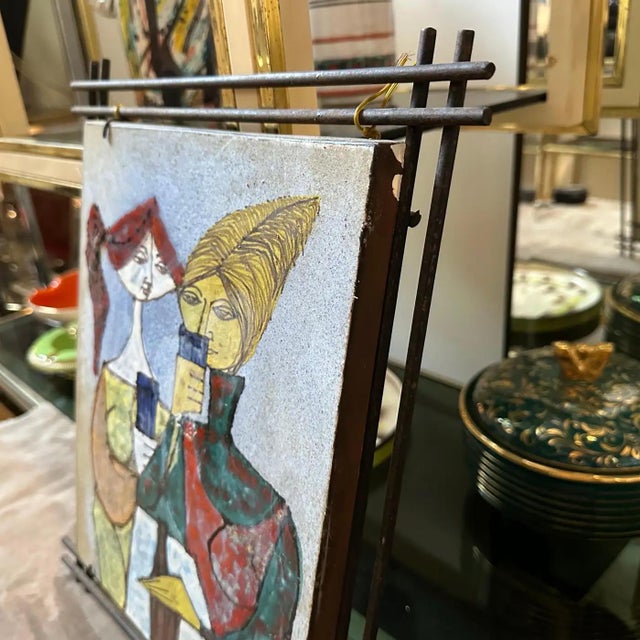 Bright Green 1950s Mid-Century Modern Iron Framed Hand Painted Ceramic Italian Plaque For Sale - Image 8 of 11